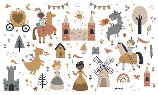 vector set of cute images, fairy tale illustration, princesses and knights, adorable illustration for children