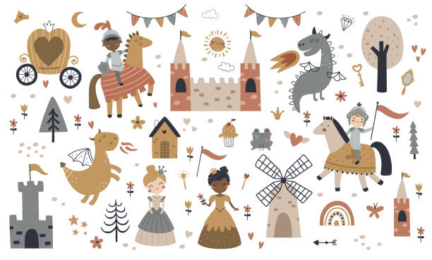vector set of cute fairy tale images vector set of cute images, fairy tale illustration, princesses and knights, adorable illustration for children fairy rose stock illustrations