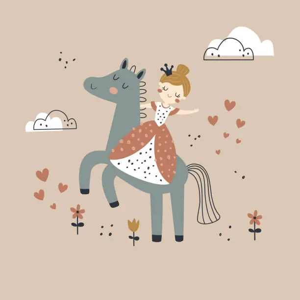 Vector illustration of vector image of a cute princess on a horse
