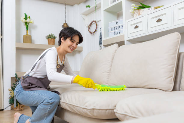 Hygiene and cleanliness in the living room. A Cleaning lady with gloves wipes dust from furniture with a cloth. stock photo