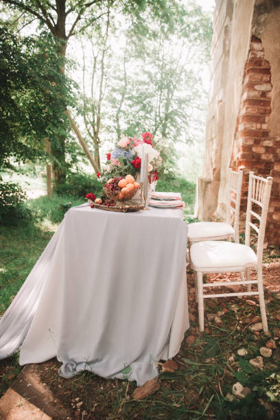 istock Decorated wedding table with candles in the garden. 1473851412