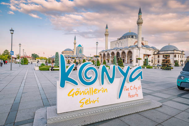 Main square in Konya city with famous Mosque and Mevlana museum in the background 13 September 2022, Konya, Turkiye: Main square in Konya city with famous Mosque and Mevlana museum in the background konya stock pictures, royalty-free photos & images