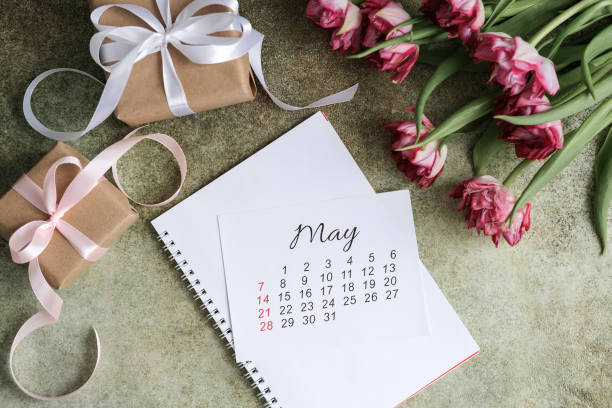 istock May calendar, gift boxes and tulips bouquet 1473853180