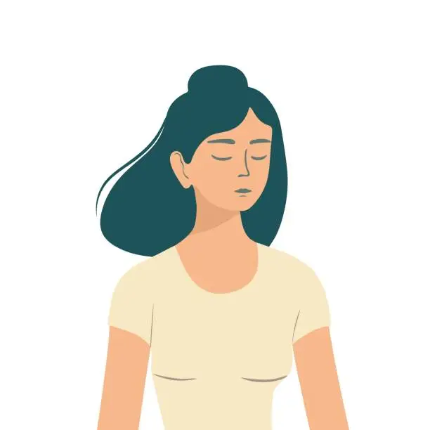 Vector illustration of Half body portrait of a beautiful young Asian woman girl in a T-shirt with closed eyes meditating. Design element