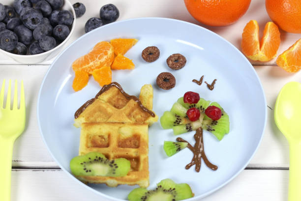 istock Children's breakfast: waffles and fruits on a blue plate. A creative idea for a fun kids dessert or breakfast 1473854739