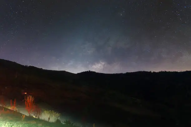 The Milky Way in the night sky at the beginning of the year around February, Ban Rong Kla, Phitsanulok, Thailand.