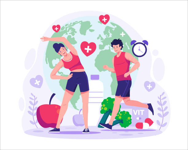 hari kesehatan sedunia. karakter orang yang berolahraga agar tetap sehat. gaya hidup sehat. berlari dan yoga. ilustrasi vektor - time life ilustrasi stok