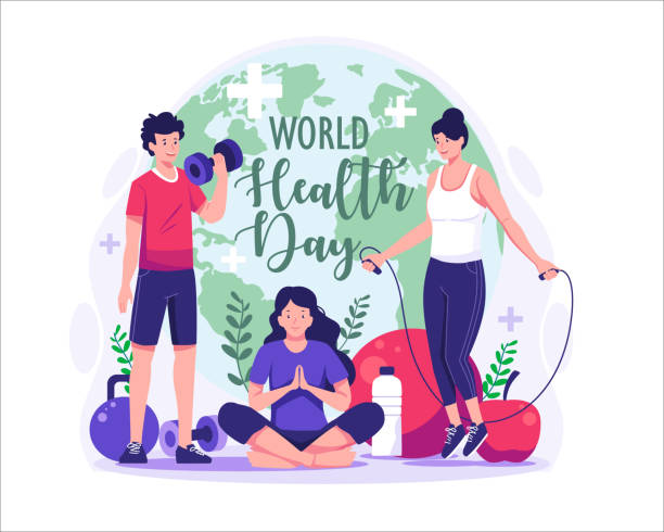 ilustrasi konsep hari kesehatan sedunia dengan karakter orang yang berolahraga, kebugaran, dan yoga. gaya hidup sehat. ilustrasi vektor - time life ilustrasi stok