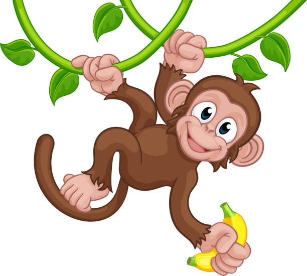 Monkey Singing On Jungle Vines With Banana Cartoon A monkey cartoon character singing on jungle vines with banana clip art of a monkey holding banana stock illustrations