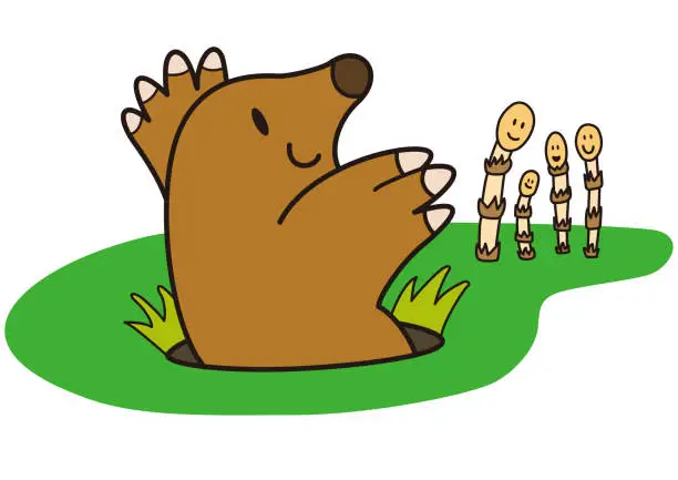 Vector illustration of In the spring, a mole emerges from the ground and greets horsetail's family.