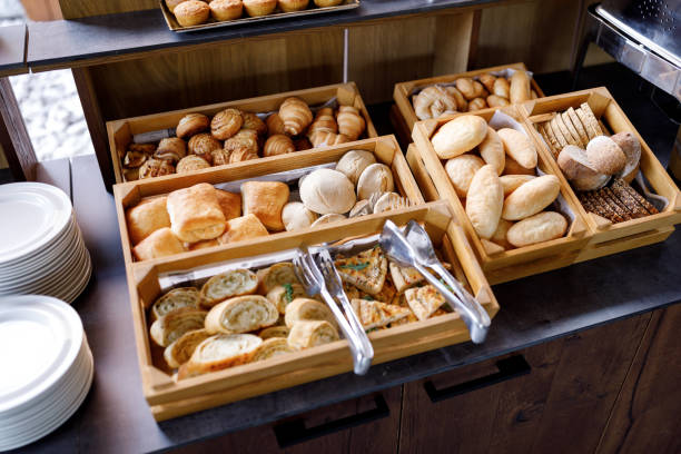 Fresh bread in bakery corner in luxury hotel breakfast buffet