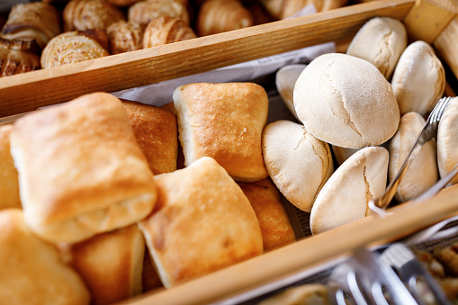 Fresh bread in bakery corner in luxury hotel breakfast buffet