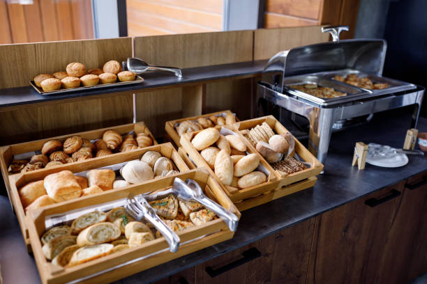 Fresh bread in bakery corner in luxury hotel breakfast buffet