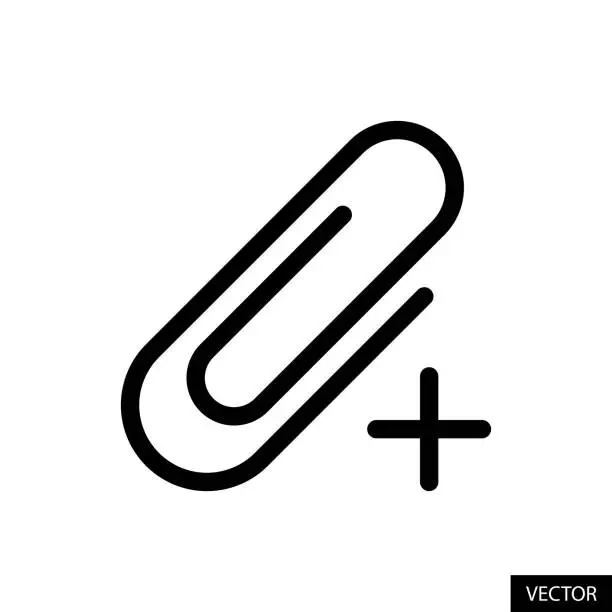 Vector illustration of Add attachment, paper clip with plus sign vector icon in line style design isolated on white background. Editable stroke.