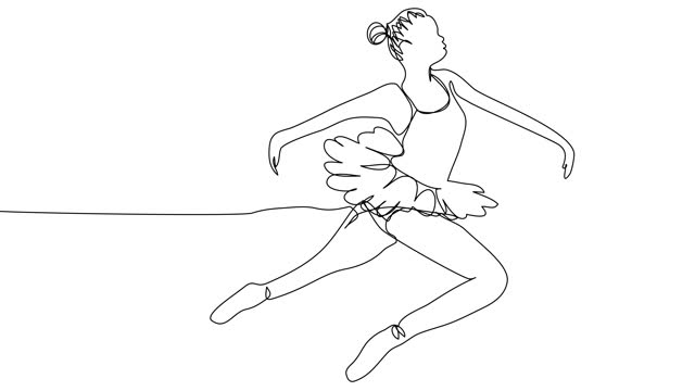 Self-drawing a jumping ballerina in one line on a white background.