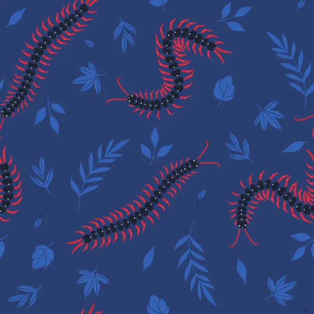 Vector illustration of Seamless pattern with centipedes and leaves. Vector graphics.