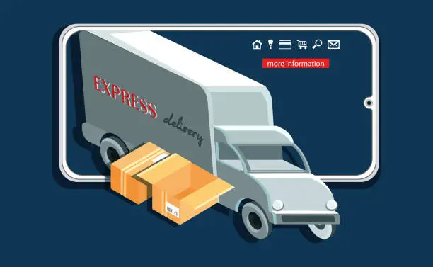 Vector illustration of Fast delivery and worldwide e-commerce concept in flat style. Truck with boxes and mobile phone on a colored background. Isometric projection.