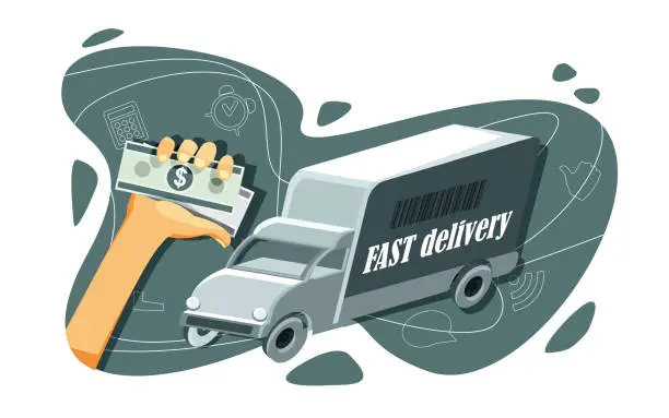 Vector illustration of Fast delivery and worldwide e-commerce concept in flat style. Fast delivery truck with a hand paying for delivery on an abstract white background.