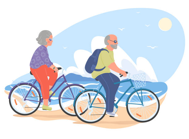 ilustrações, clipart, desenhos animados e ícones de casal de idosos em bicicletas. - senior adult couple mature adult bicycle