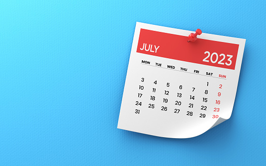 3d illustration. 2023 Post it note July Calendar and Red Push Pin on Blue Paper Background stock photo. Calendar and reminder concept.