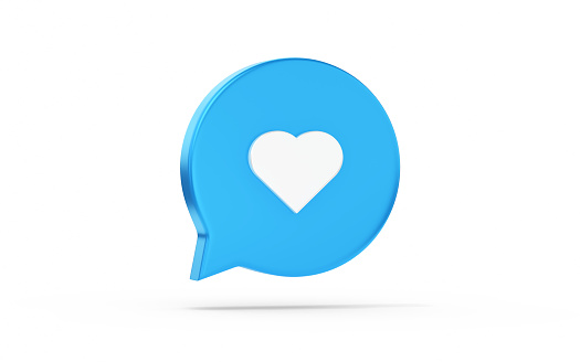 Blue like heart icon sign or favorite social love media illustration graphic element isolated on notification comment symbol with speech bubble followers concept. 3D rendering.