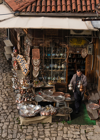 Safranbolu, Karabuk, Turkey - December 29 2022: Coppersmith shop and coppersmith