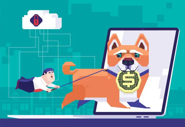 Vector illustration of dog holding coin and leading businessman and running on laptop