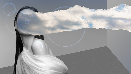 Surreal contemporary artwork of young woman with cloudy sky instead face. Concept of mysticism, mystery, underworld, dreams and imagination. Surrealism. Design for wallpaper, stories