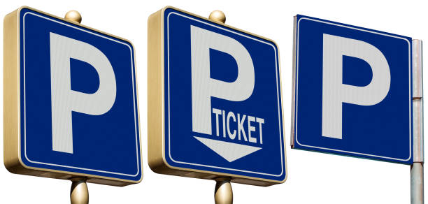Three blue parking signs with letter P (Free Parking and Parking Meter), isolated on white background, Photography.