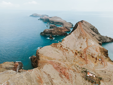 Dragon´s Tail hiking trail along Ponta de São Lourenço Peninsula, mesmerizing views of the Atlantic ocean, Epic Hiking Experience. Shot with drone.