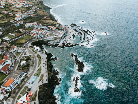 Drone shots of Porto Moniz lava pools on the coast of Atlantic ocean