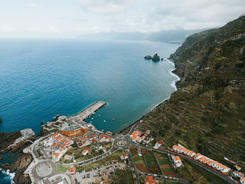 Drone shots of Porto Moniz lava pools on the coast of Atlantic ocean