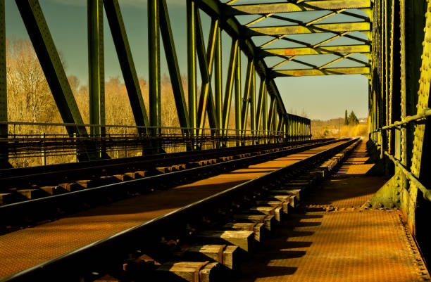 Railroad bridge in riveted metal construction. Beautiful green on the structure and rusty metal plates. Perspective view following the train tracks. Old construction in the Eiffel style. Saturated colors of sun glare.