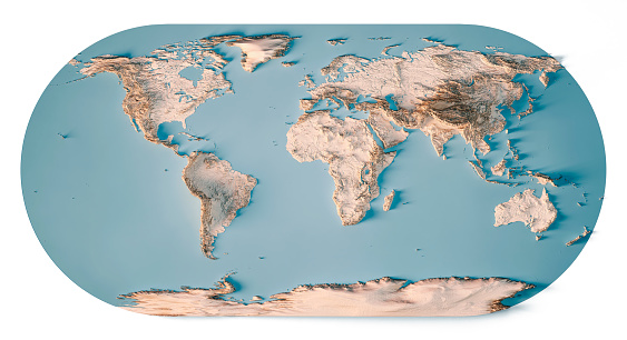 3D Render of a Topographic Map of the World in Eckert III Projection. \nAll source data is in the public domain.\nColor and Water texture: Made with Natural Earth. \nhttp://www.naturalearthdata.com/downloads/10m-raster-data/10m-cross-blend-hypso/\nhttp://www.naturalearthdata.com/downloads/110m-physical-vectors/\nRelief texture: GMTED 2010 data courtesy of USGS. URL of source image: \nhttps://topotools.cr.usgs.gov/gmted_viewer/viewer.htm