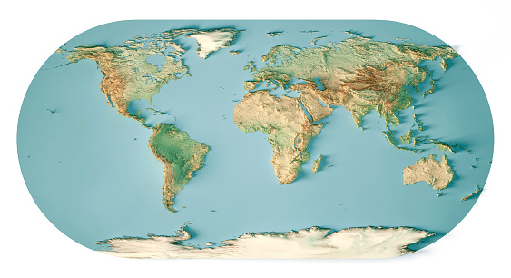 3D Render of a Topographic Map of the World in Eckert III Projection. \nAll source data is in the public domain.\nColor and Water texture: Made with Natural Earth. \nhttp://www.naturalearthdata.com/downloads/10m-raster-data/10m-cross-blend-hypso/\nhttp://www.naturalearthdata.com/downloads/110m-physical-vectors/\nRelief texture: GMTED 2010 data courtesy of USGS. URL of source image: \nhttps://topotools.cr.usgs.gov/gmted_viewer/viewer.htm