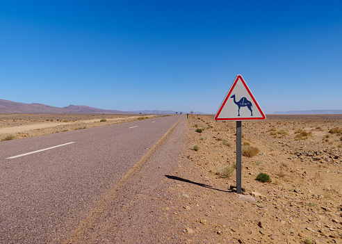 Road in Morocco with camel road sign