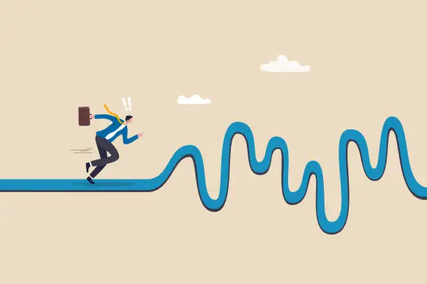 Vector illustration of Rough road ahead, obstacle or tough situation to overcome, risk and uncertain, difficulty or problem solving, journey or effort to success concept, businessman run to new challenge rough road ahead.