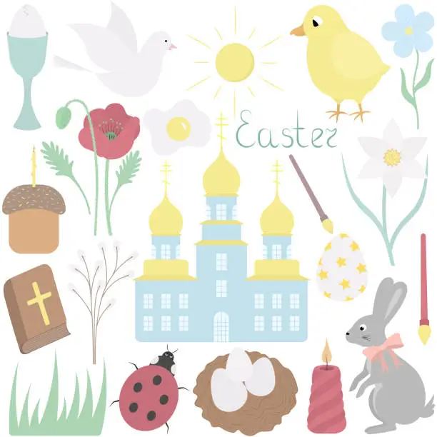 Vector illustration of Easter collection of illustrations. Spring set. Dove, daffodil, church, easter egg, hare.