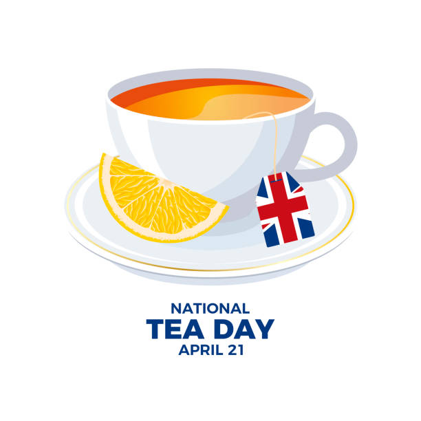 National Tea Day in the United Kingdom vector illustration Cup of black tea with british flag icon vector isolated on a white background. April 21 every year. Important day tea set stock illustrations