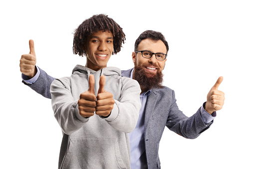 African american guy and a caucasian bearded man gesturing thumbs up isolated on white background