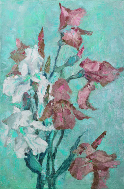 Artistic spring illustration allegory of tenderness impressionism oil painting  vertical landscape blooming white and red irises