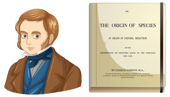 Charles Darwin and The origin of species book illustration