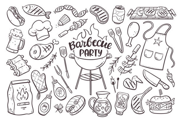 バーベキューグリルパーティー落書きセット - barbecue grill barbecue burger hamburger点のイラスト素材／クリップアート素材／マンガ素材／アイコン素材