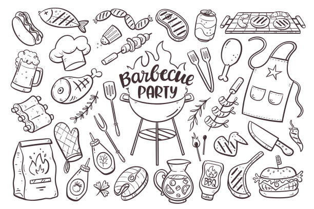 stockillustraties, clipart, cartoons en iconen met barbecue grill party doodle set - kippenpoot