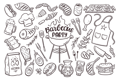 Barbecue party background with meat, burgers, sausages and barbecue utensils. Collection of 35 bbq doodle elements isolated on white. Hand-drawn vector illustration.