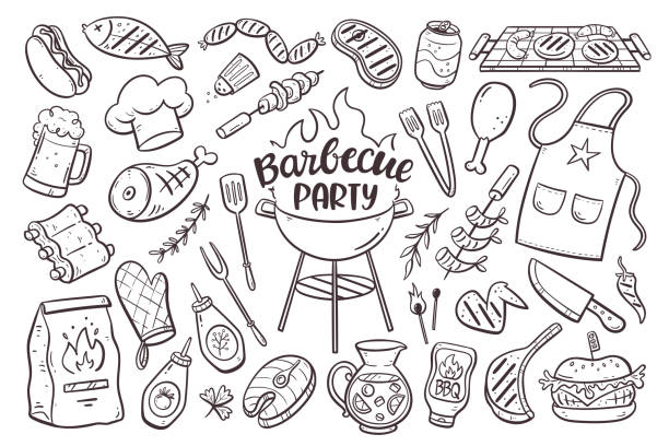 Barbecue Grill Party Doodle Set Barbecue party background with meat, burgers, sausages and barbecue utensils. Collection of 35 bbq doodle elements isolated on white. Hand-drawn vector illustration. cutlery cartoons stock illustrations