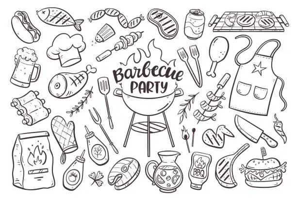 Vector illustration of Barbecue Grill Party Doodle Set