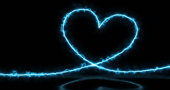 Abstract bright blue energy electric light love magic heart with reflections abstract background.