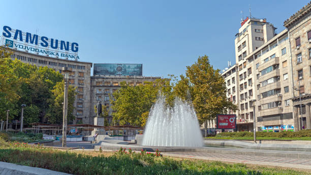 Samsung Sign Building Belgrade, Serbia - August 06, 2017: Samsung Sign at Office Building Nikola Pasic Square Summer Day Capital City. park designer label stock pictures, royalty-free photos & images