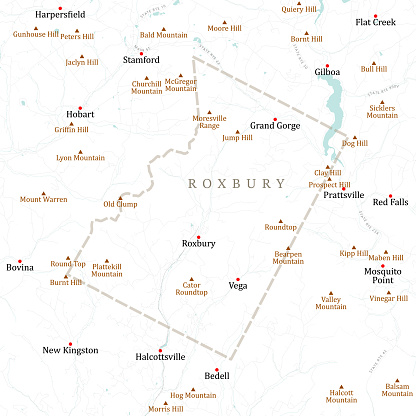 NY Delaware Roxbury Vector Road Map. All source data is in the public domain. U.S. Census Bureau Census Tiger. Used Layers: areawater, linearwater, roads, rails, cousub, pointlm, uac10. https://www.census.gov/geographies/mapping-files/time-series/geo/tiger-line-file.html